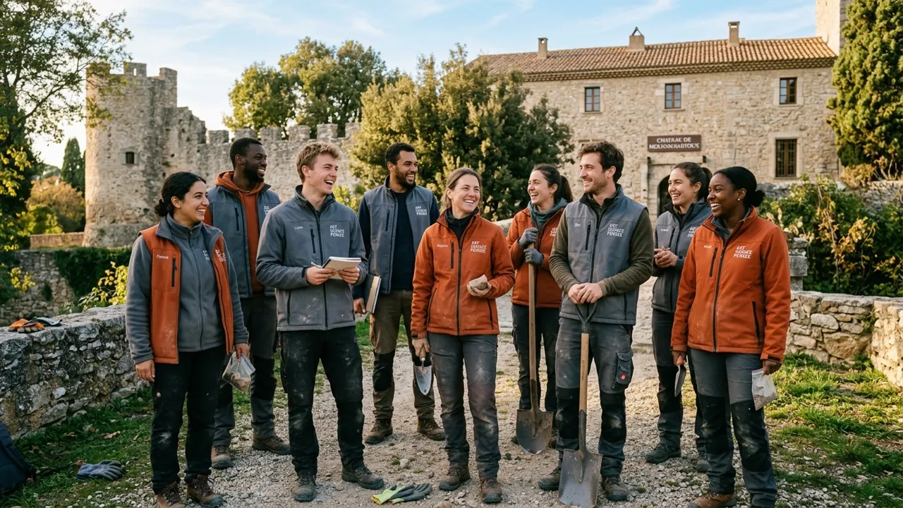 Groupe de bénévoles lors d'une mission de sauvegarde patrimoniale
